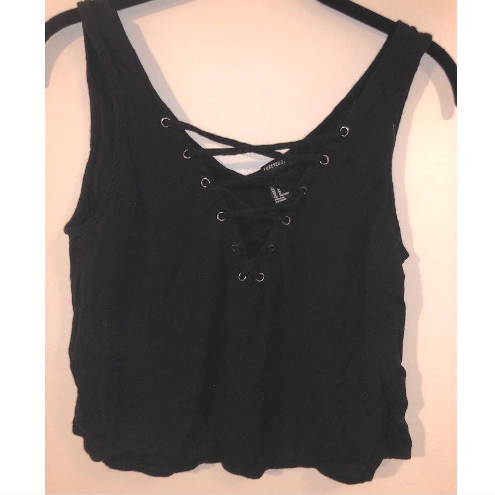 Forever 21 Black Crop Top with Lace up Front Medium
